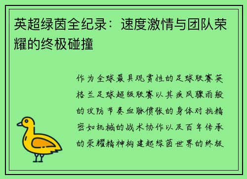 英超绿茵全纪录：速度激情与团队荣耀的终极碰撞