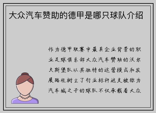 大众汽车赞助的德甲是哪只球队介绍